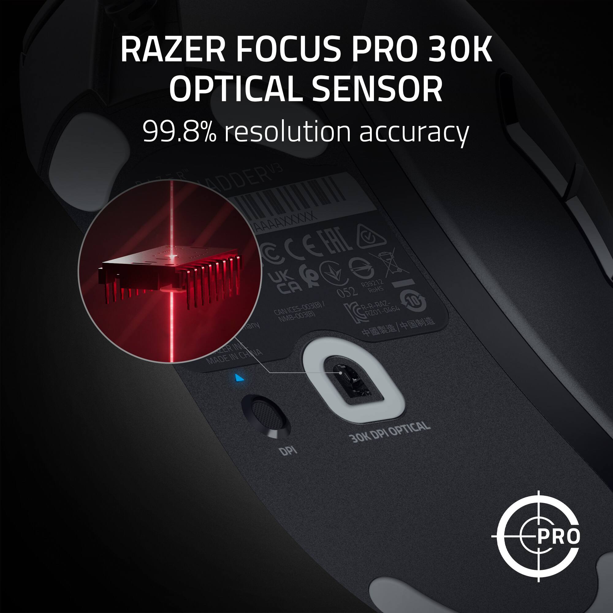 RAZER FOCUS PRO 30K OPTICAL SENSOR 99.8% resolution accuracy ADDER AAAAXXXXX CEEAL C UK CA P R39212 Rok 052 ICES-00308/ R-R R-RAZ- 10 CAN NMB-00308) R201-0454 any CER MADE 30K OPTICAL PRO