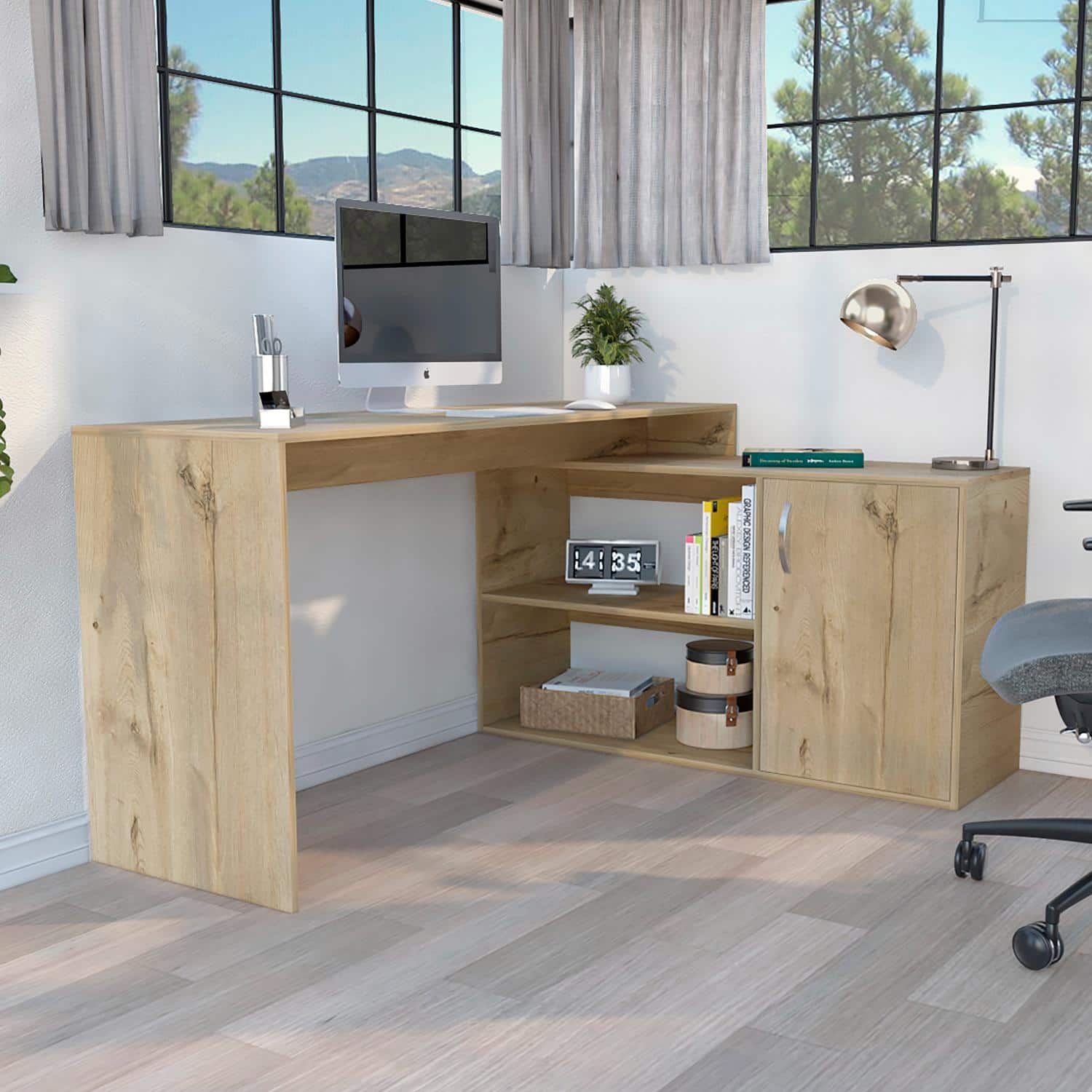 TuHome - Axis Modern L-Shaped Computer Desk With Open & Closed Storage - Light Oak