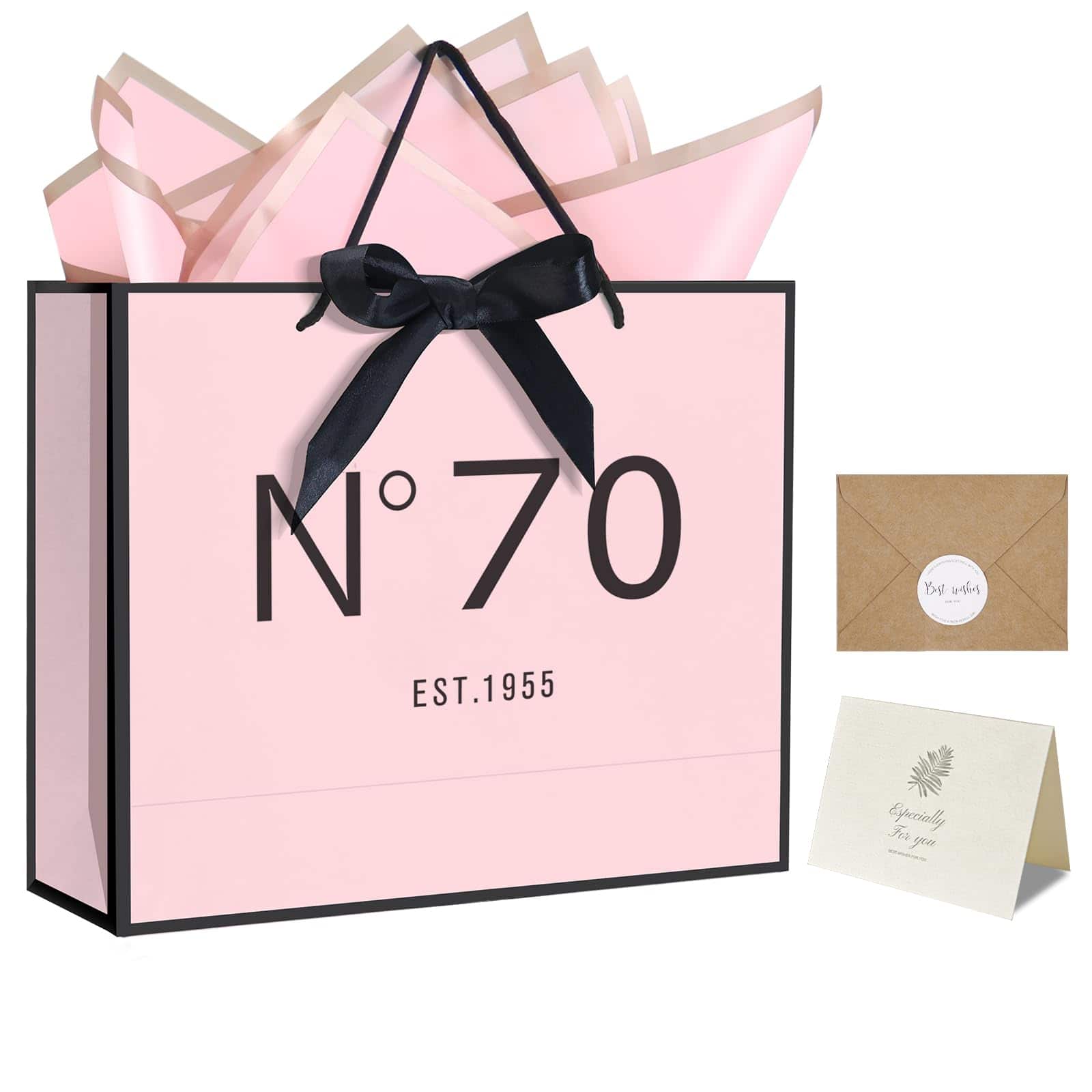 Paradigms Interiors - 75th Birthday Gift Bag With Card Envelope Sticker Bow Ribbon And Tissue Papers For Women 1950 13" 75th - EST.1955 70th-13"W x 10.5"H x 4.3"D