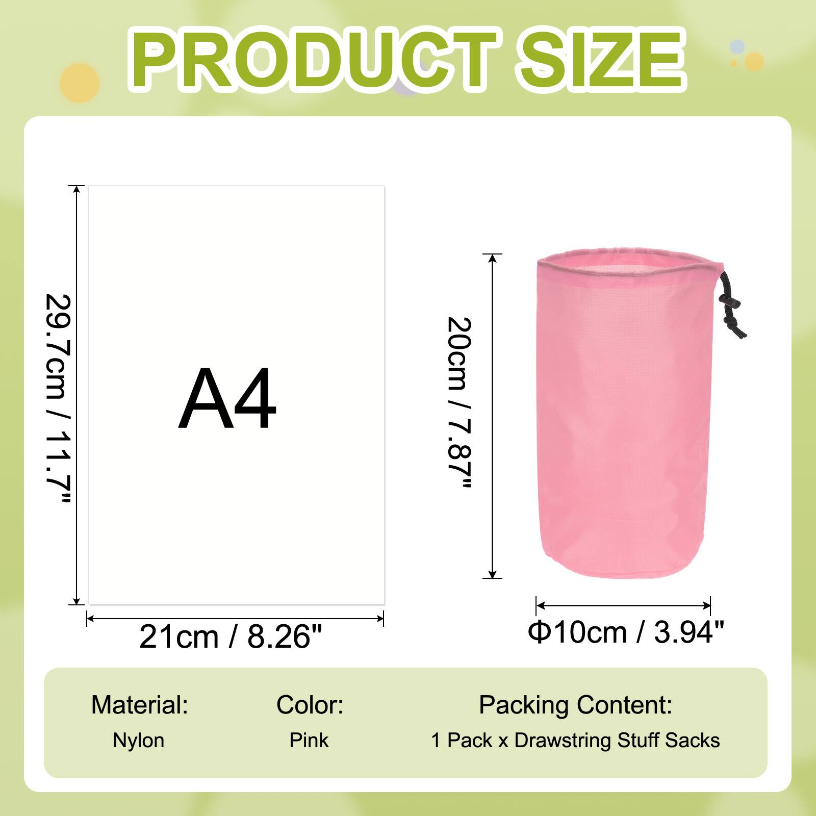 PRODUCT SIZE

A4  
29.7cm / 11.7"  
21cm / 8.26"  
20cm / 7.87"  
Φ10cm / 3.94"

Material: Nylon  
Color: Pink  
Packing Content: 1 Pack x Drawstring Stuff Sacks