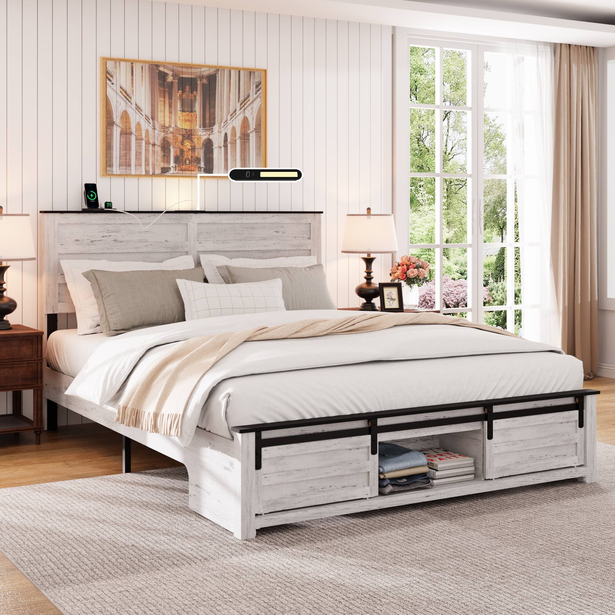 Angle. LUCKY ONE - Queen Size Bed Frame with Upholstered Headboard and Pet Bed - Antique White.