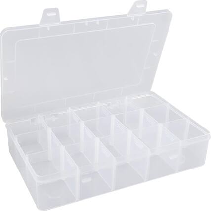 Front. RTMB - Bead Organizer, 15 Large Grids, Clear Snack Box Container, Plastic - 15 Large Grids.