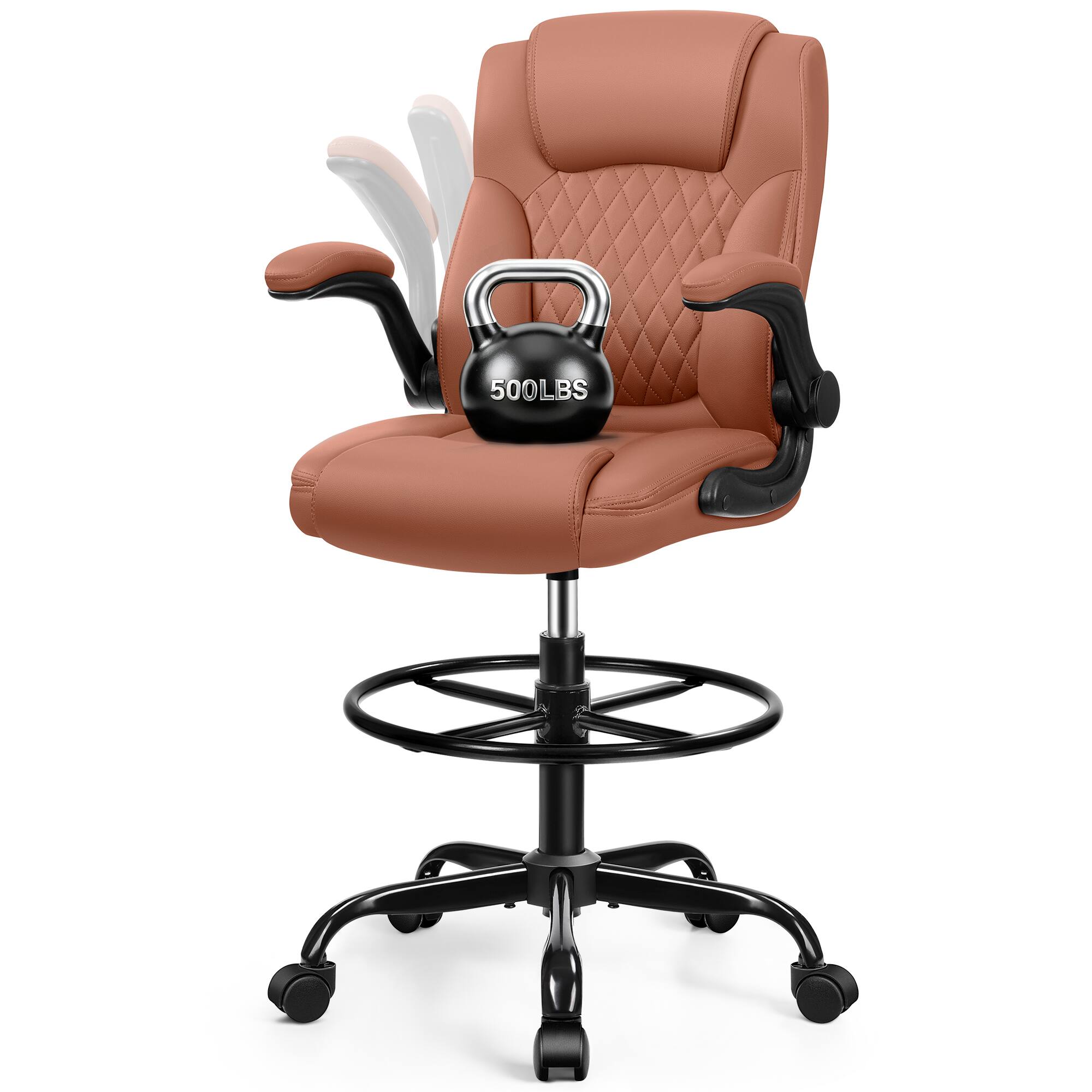 Angle. Brick Attic - Executive Tall Drafting Chair, Ergonomic Leather Office Chair with   Flip-Up Armrest, Adjustable Height Desk Chair - Brown.