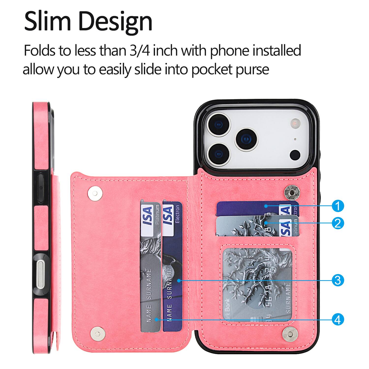 Slim Design  
Folds to less than 3/4 inch with phone installed  
allow you to easily slide into pocket purse  

ISA Platinum  
ISA Electron  
FE Atron  
SA latinum  

1  
2  
3  
4  

NAME SURNAME  
NAME SURNAME  

irkBonk  
H: 5678  
SI  
h  
SURNAME