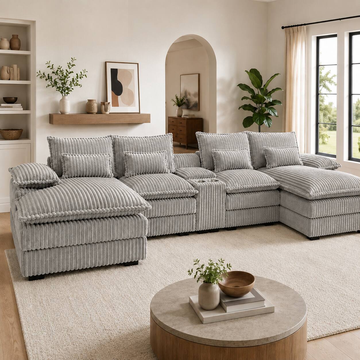 Angle. Anysun - 120" U-Shaped Sofa with Center Console Coffee Table & USB Ports – Includes 4 Pillows – Ideal for Spacious Living Rooms - Light Grey.