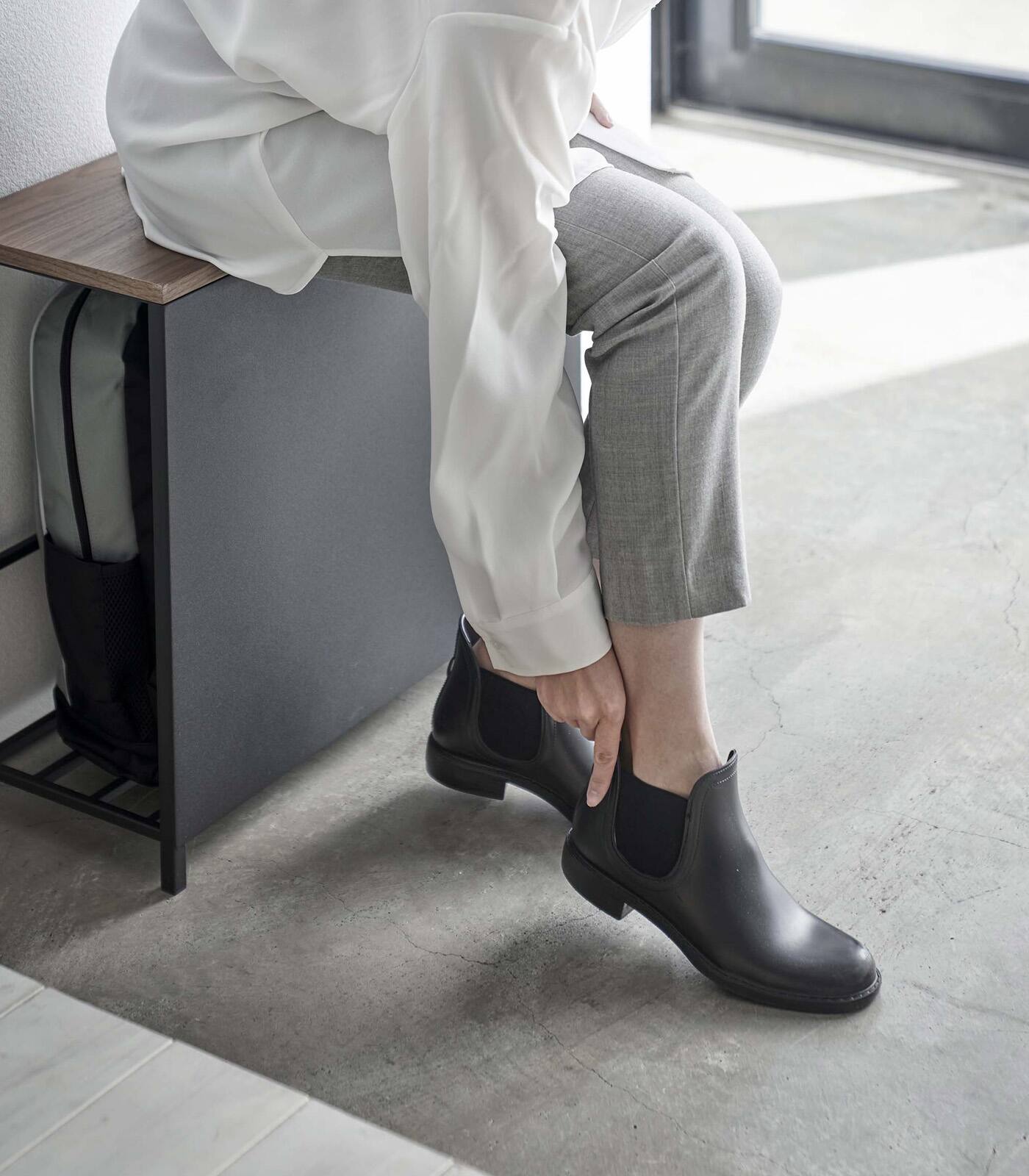 Angle. Yamazaki Home - Entryway Storage Organizer & Bench (18" H)  - Steel + Wood - Black.