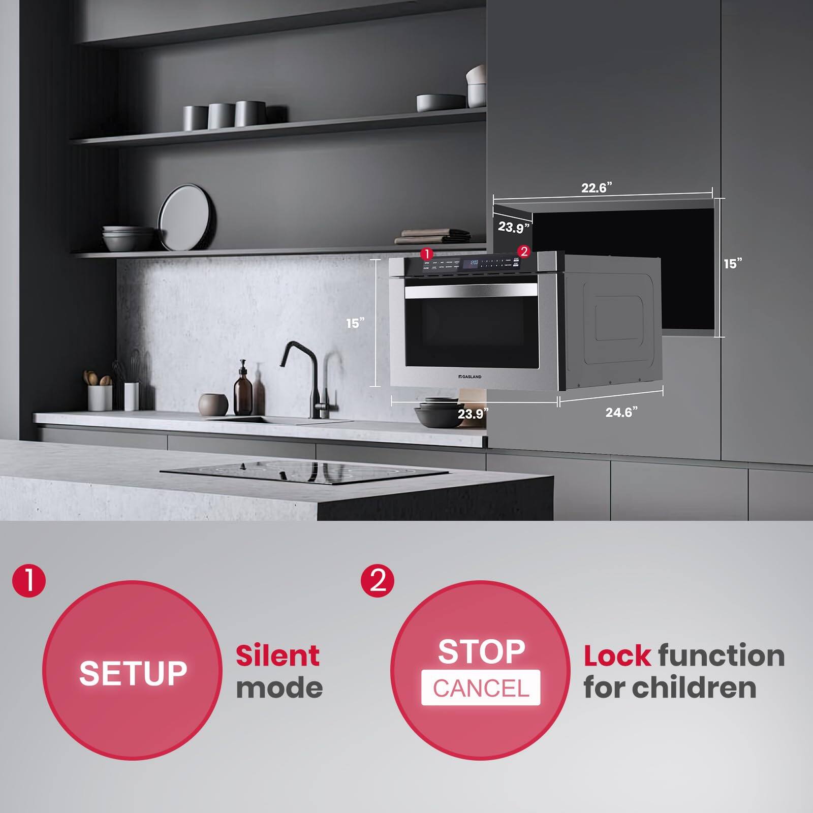 22.6" 1 23.9" 2 15" 15 PSRA 23.9 24.6" 1 2 Silent SETUP mode STOP CANCEL Lock function for children