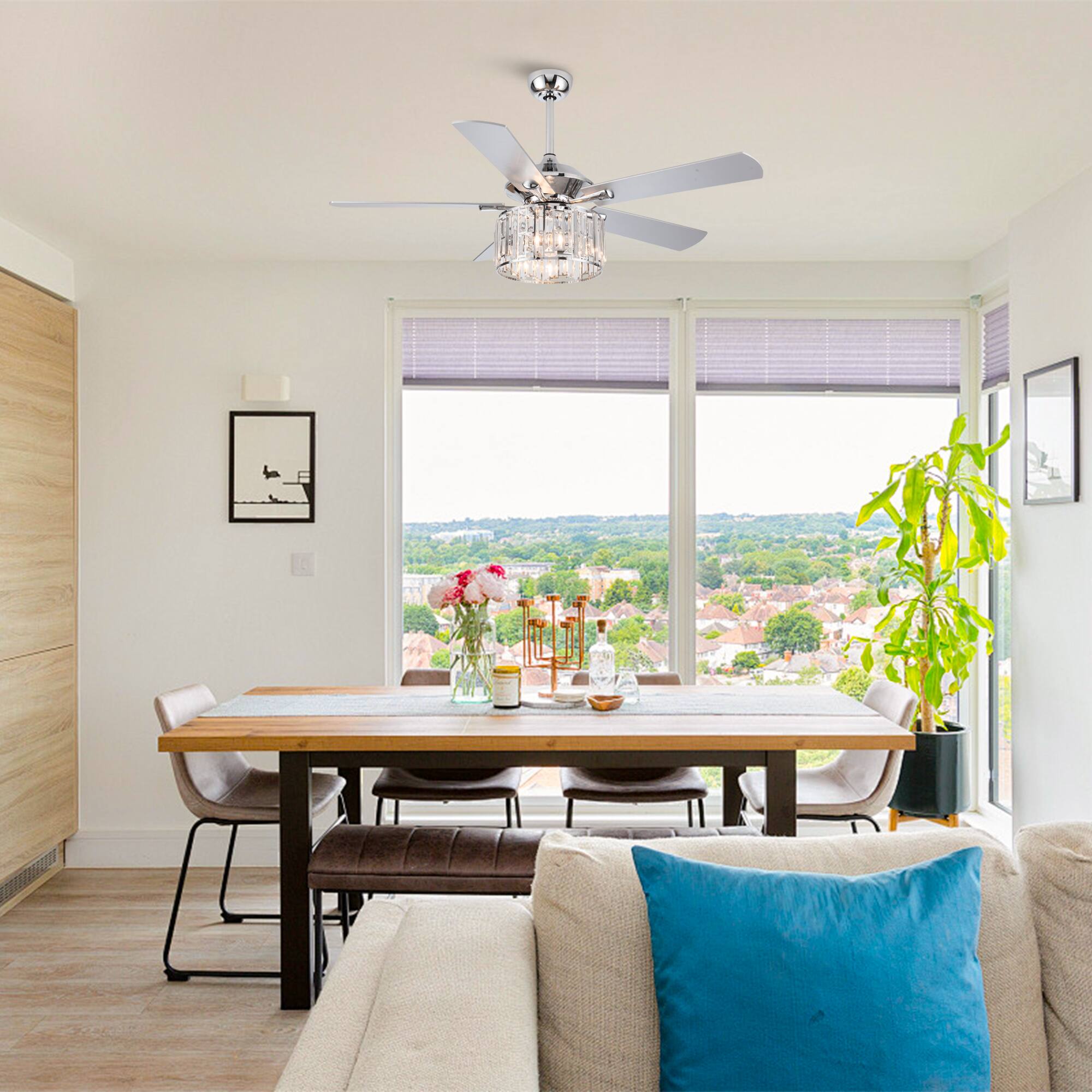 Back. Parrot Uncle - 52" Modern Chrome Crystal Ceiling Fan with Remote - Chrome.