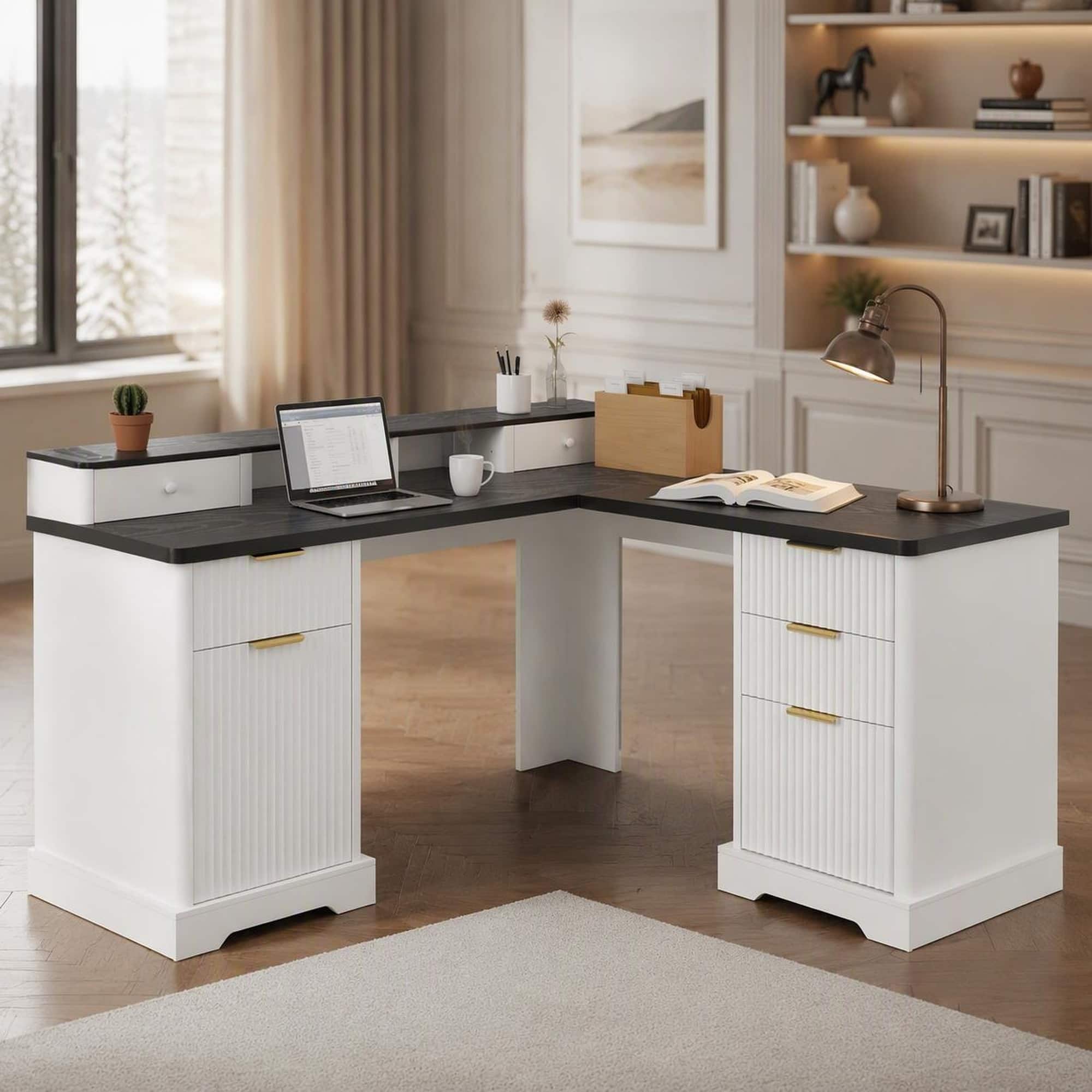 RYHNUYNE - Modern Fluted L-Shaped Desk, 59.45 MDF with Charging Station, Storage Cabinet, Monitor Stand, File Drawer - White