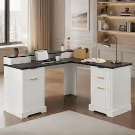 RYHNUYNE - Modern Fluted L-Shaped Desk, 59.45 MDF with Charging Station, Storage Cabinet, Monitor Stand, File Drawer - White