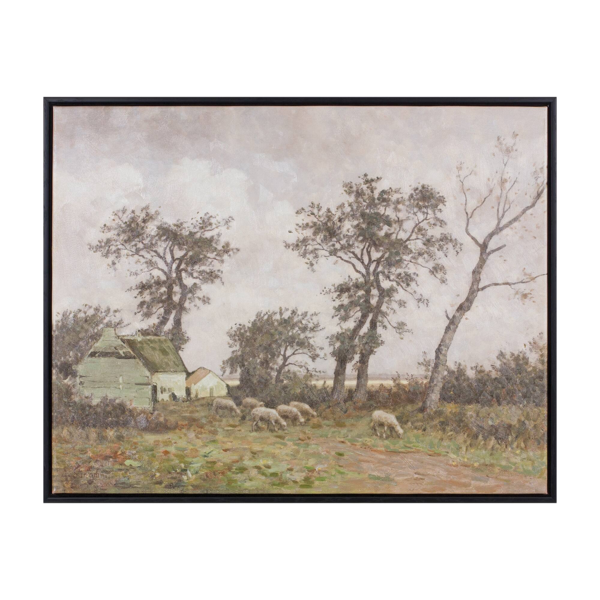 Front. BreeBe - Framed Farm Canvas Wall Art 28"L - White, Green, Brown.