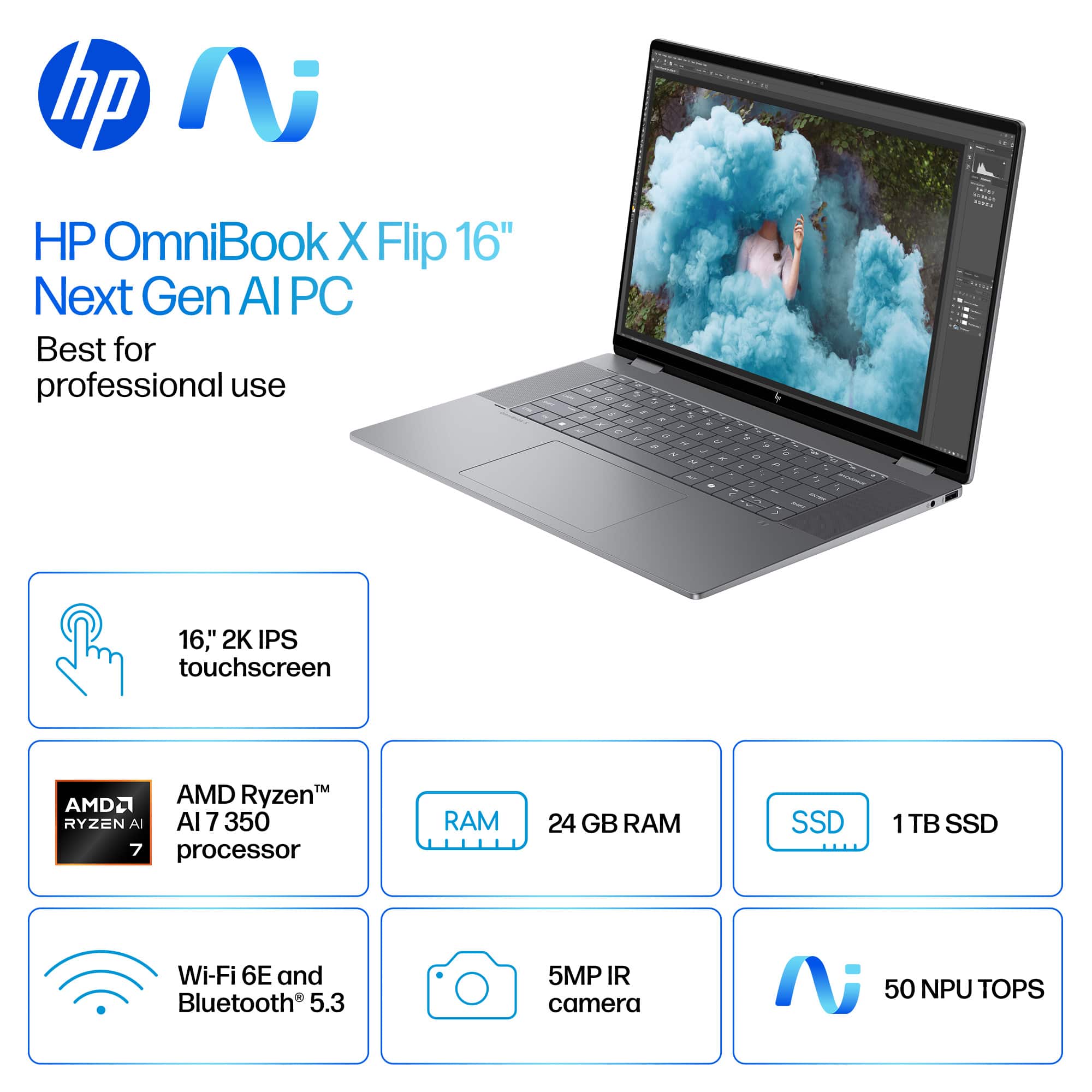 hp HP OmniBook X Flip 16" Next Gen Al PC Best for professional use L - 5 - d - - 2 1 . - a - -. - 2 - - - . - . 16," 2K IPS touchscreen AMD Ryzen AMD2 RYZEN AI Al 7 350 7 processor RAM 24 GB RAM SSD 1 TB SSD Wi-Fi 6E and Bluetooth 5.3 5MP IR camera 50 NPU TOPS
