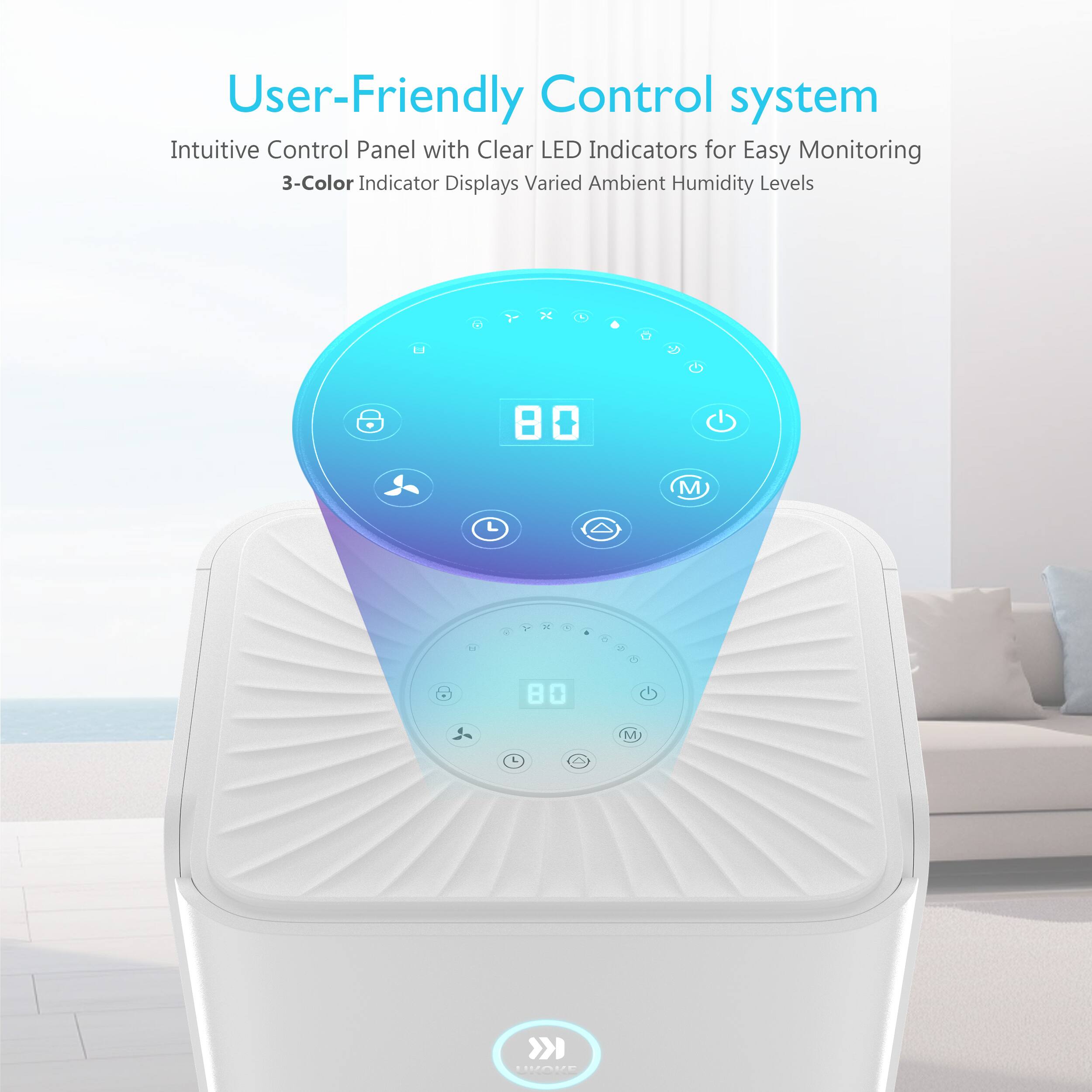 User-Friendly Control system, Intuitive Control Panel with Clear LED Indicators for Easy Monitoring, 3-Color Indicator Displays Varied Ambient Humidity Levels.