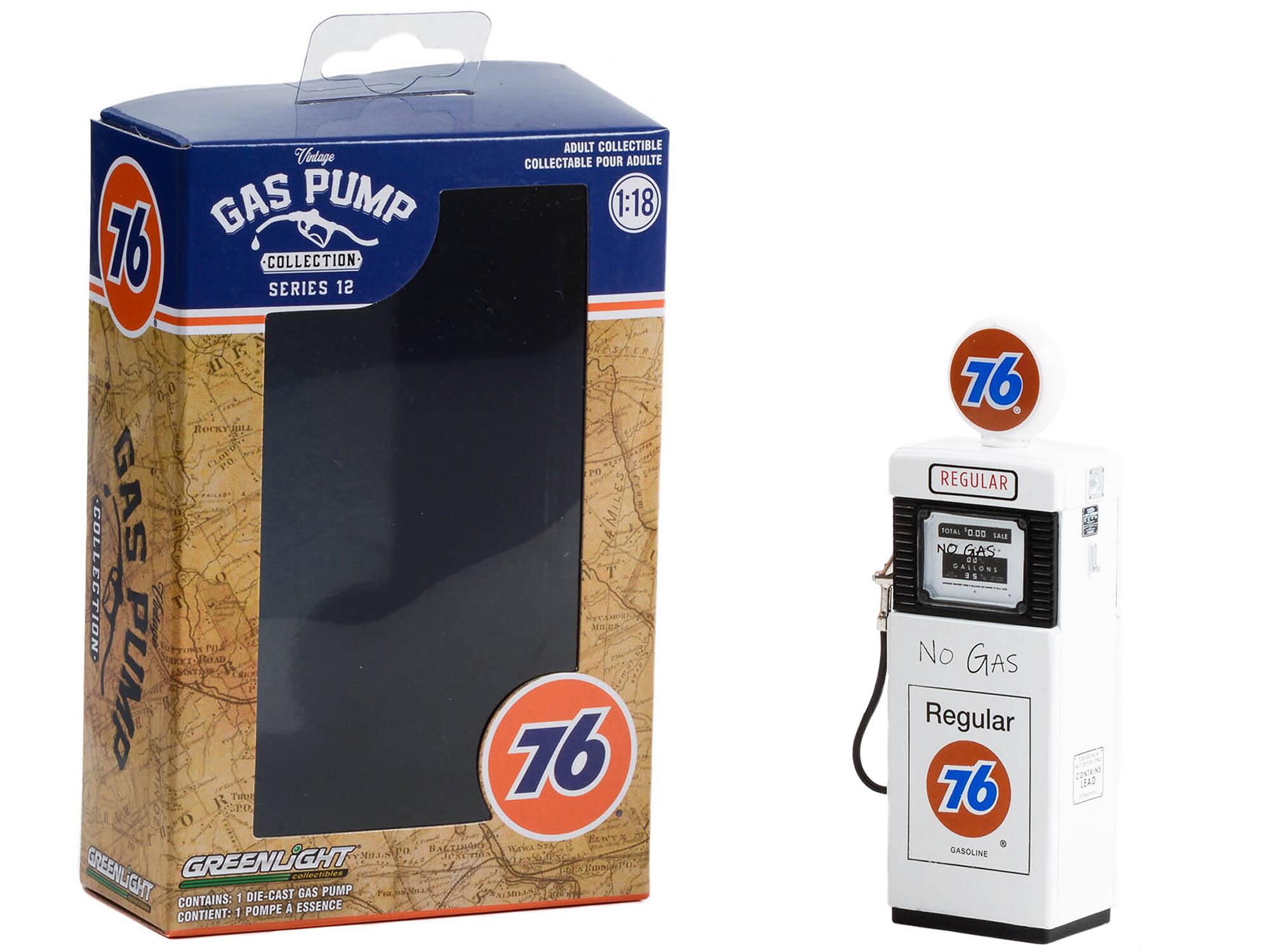 ADULT COLLECTIBLE  
COLLECTABLE POUR ADULTE  
1:18  
GAS PUMP  
76 COLLECTION SERIES 12  
CONTAINS: 1 DIE-CAST GAS PUMP  
CONTIENT: 1 POMPE À ESSENCE  
GREENLIGHT  
76  
REGULAR  
NO GAS  
GASOLINE  
LEAD