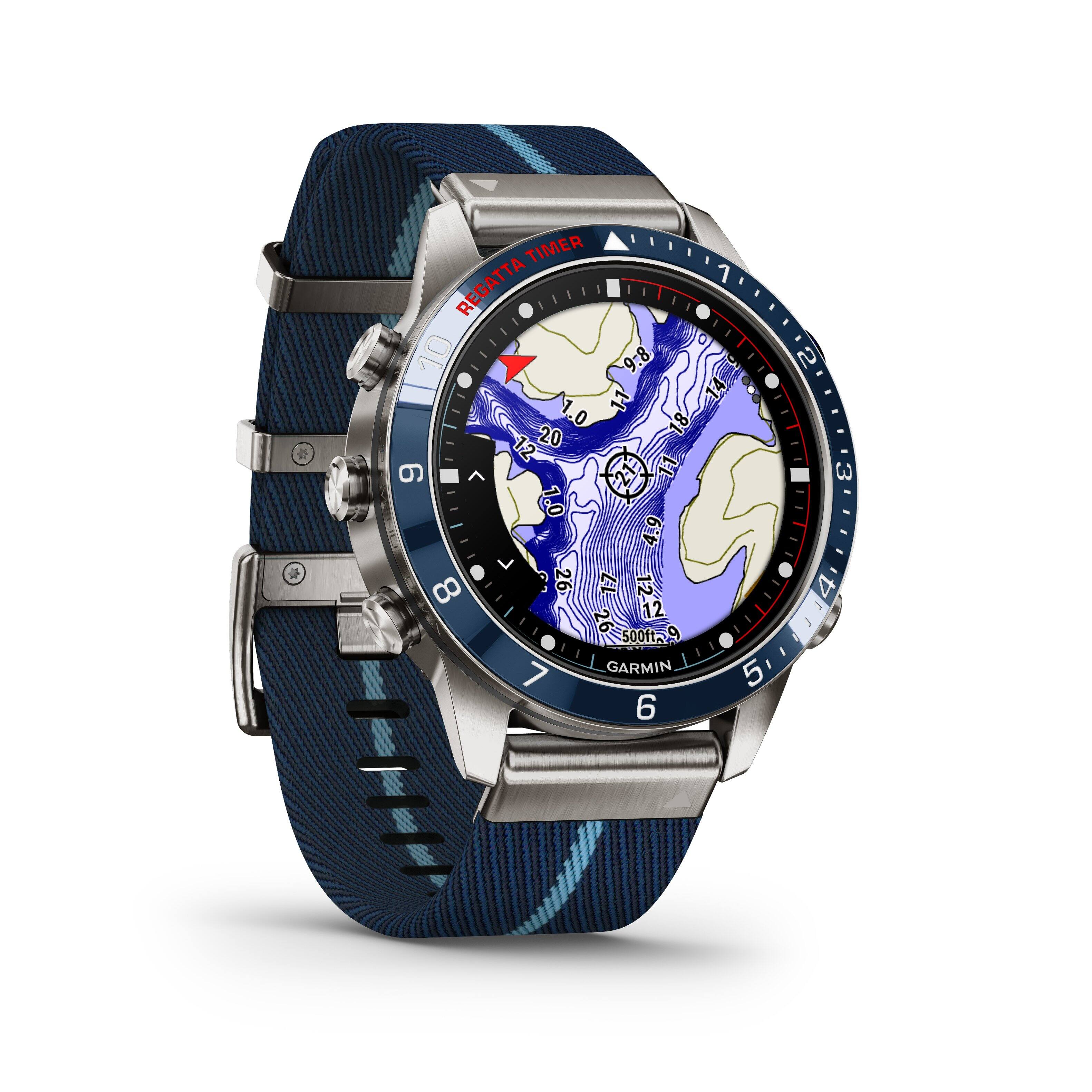 The image features a Garmin watch with a blue and white band. The watch face displays a map and timer, with the timer showing 1:10. The watch is set to regatta mode, which is indicated by the timer and map display. The map is set to a location in the Caribbean, and the timer is set to 1:10.