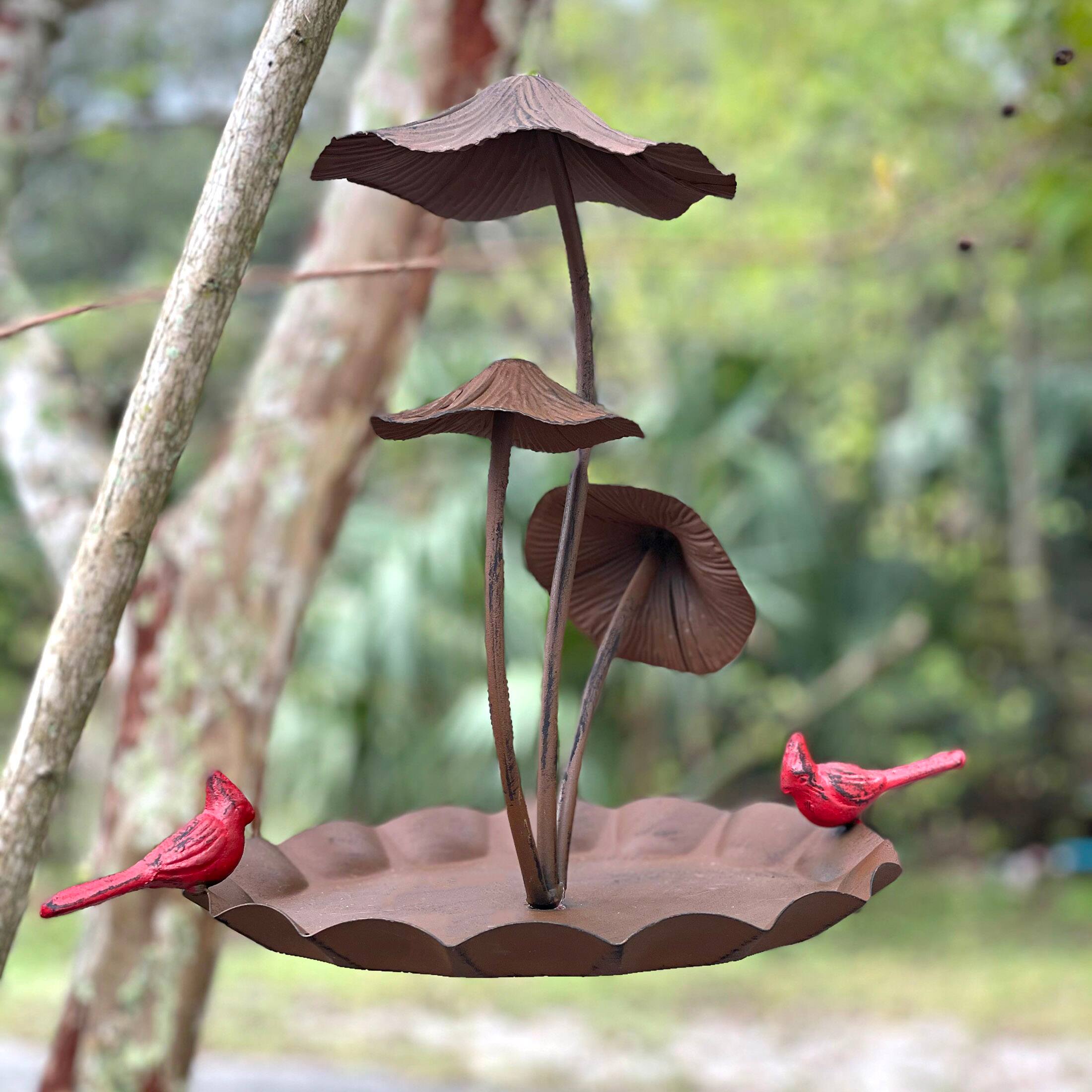 Alt View 5. Things2Die4 - Rustic Brown Triple Mushroom Bird Feeder – Pie Plate Tray, Farmhouse Decor - Multicolored.