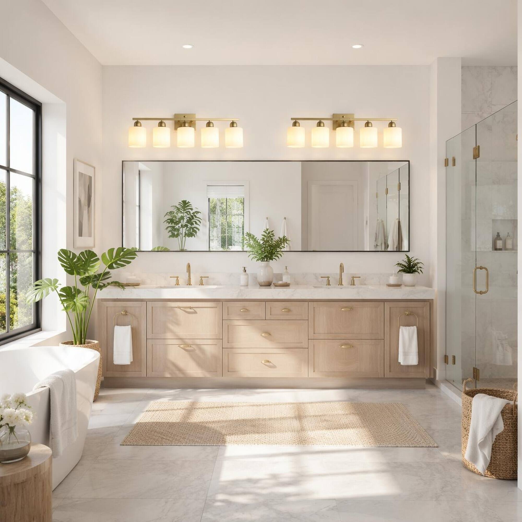 Left. RYHNUYNE - Gold 5‑Light Bathroom Vanity Light,Modern Wall Sconce with Milky White Frosted Glass Shades - Coppery.
