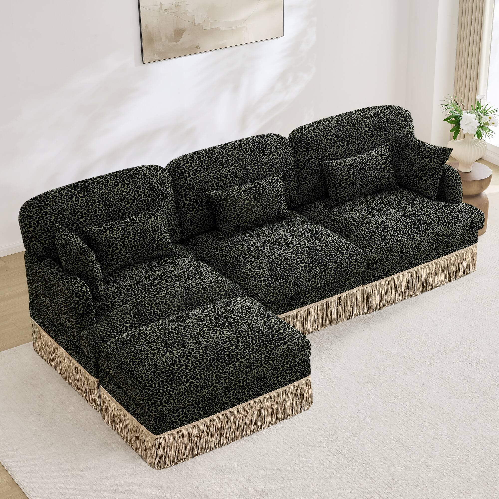 Left. Anysun - Modern Fashion Style L-Shaped Chenille Leopard Print Sofa with Movable Ottoman & Tassel Edge, Easy Assembly, Deep Seat - Green.