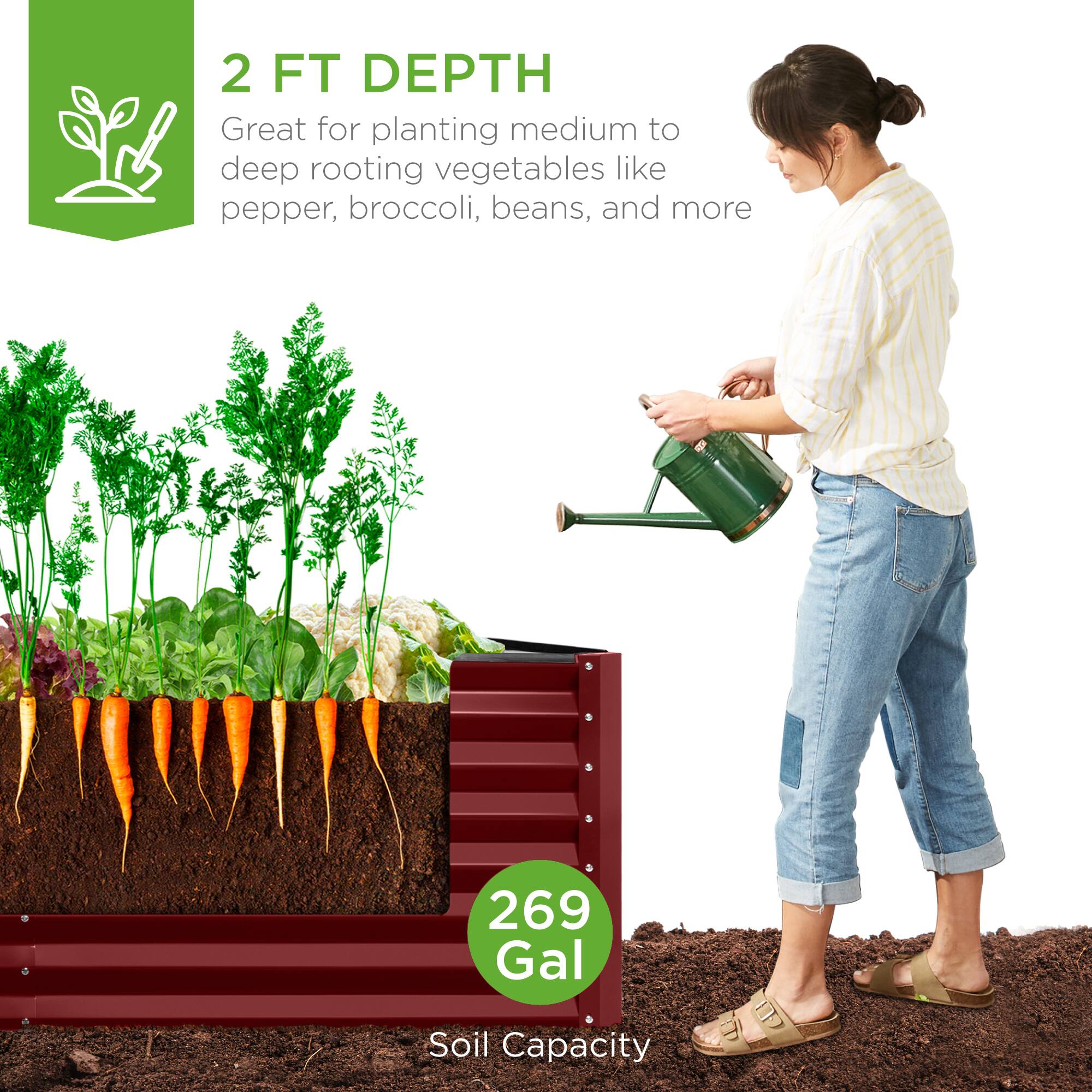 2 FT DEPTH  
Great for planting medium to deep rooting vegetables like pepper, broccoli, beans, and more  

269 Gal  
Soil Capacity