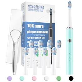 Cozy Serene - Electric Toothbrush For Adults And With Tongue Scraper 8 Brush Heads One Fast Charge Last 120 Days - Pale Blue-1 Count (Pack of 1)