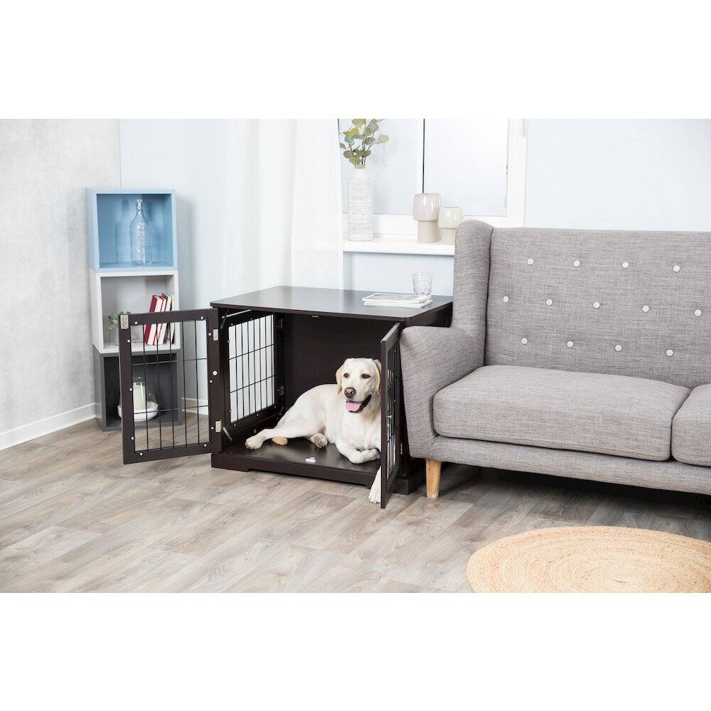 Angle. TRIXIE - Dog Crate, Wooden Indoor Kennel Furniture for Dogs Up to 50 lb - Espresso Brown.