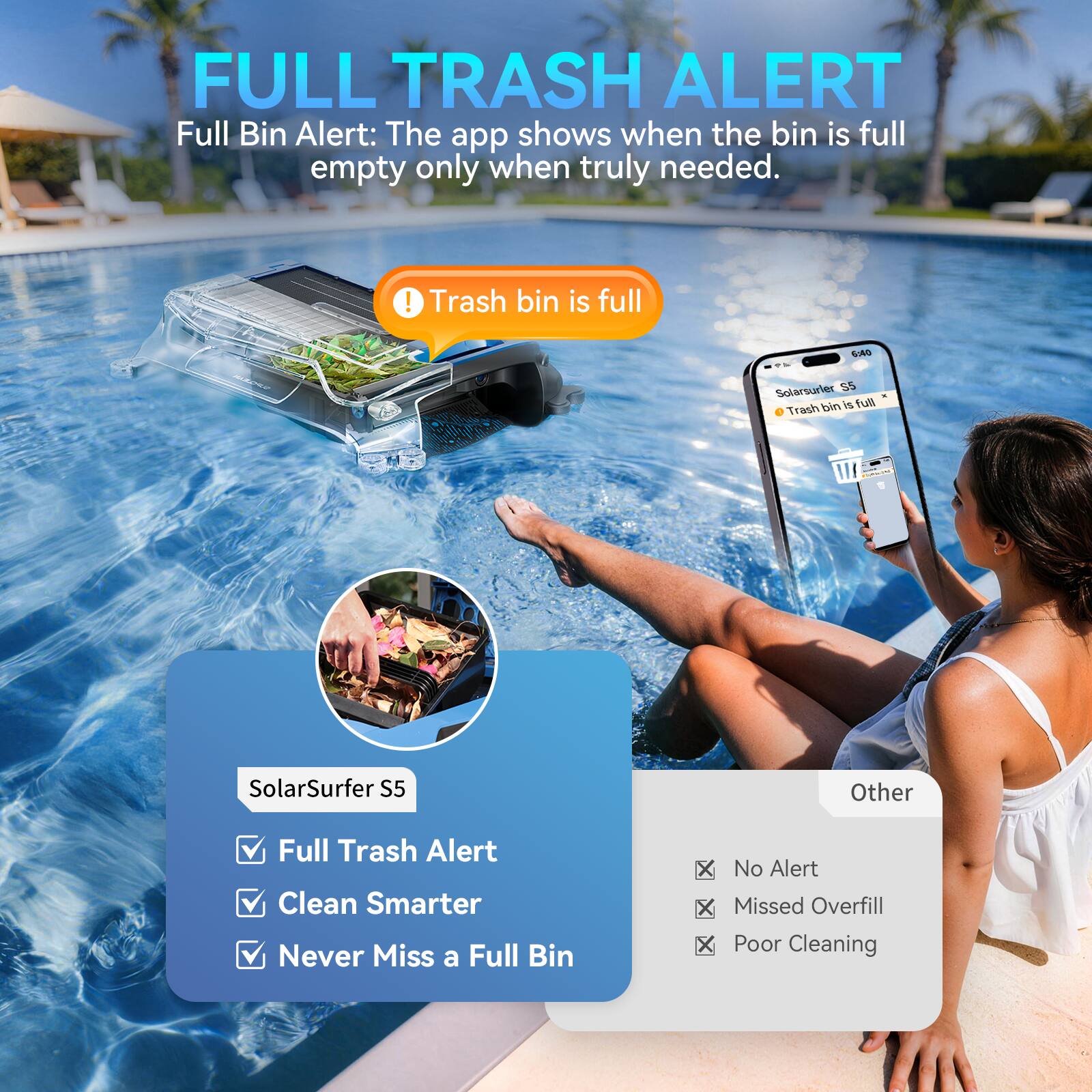 FULL TRASH ALERT

Full Bin Alert: The app shows when the bin is full empty only when truly needed.

Trash bin is full

SolarSurfer S5
- Full Trash Alert
- Clean Smarter
- Never Miss a Full Bin

Other
- No Alert
- Missed Overfill
- Poor Cleaning