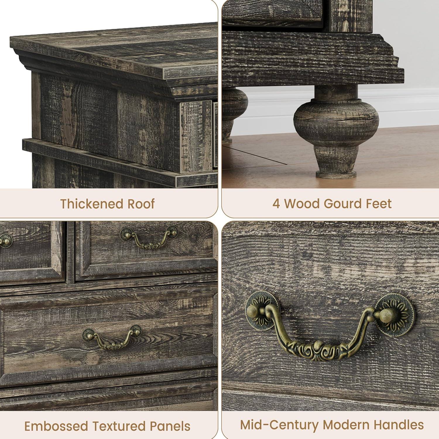 Thickened Roof  
4 Wood Gourd Feet  
Embossed Textured Panels  
Mid-Century Modern Handles