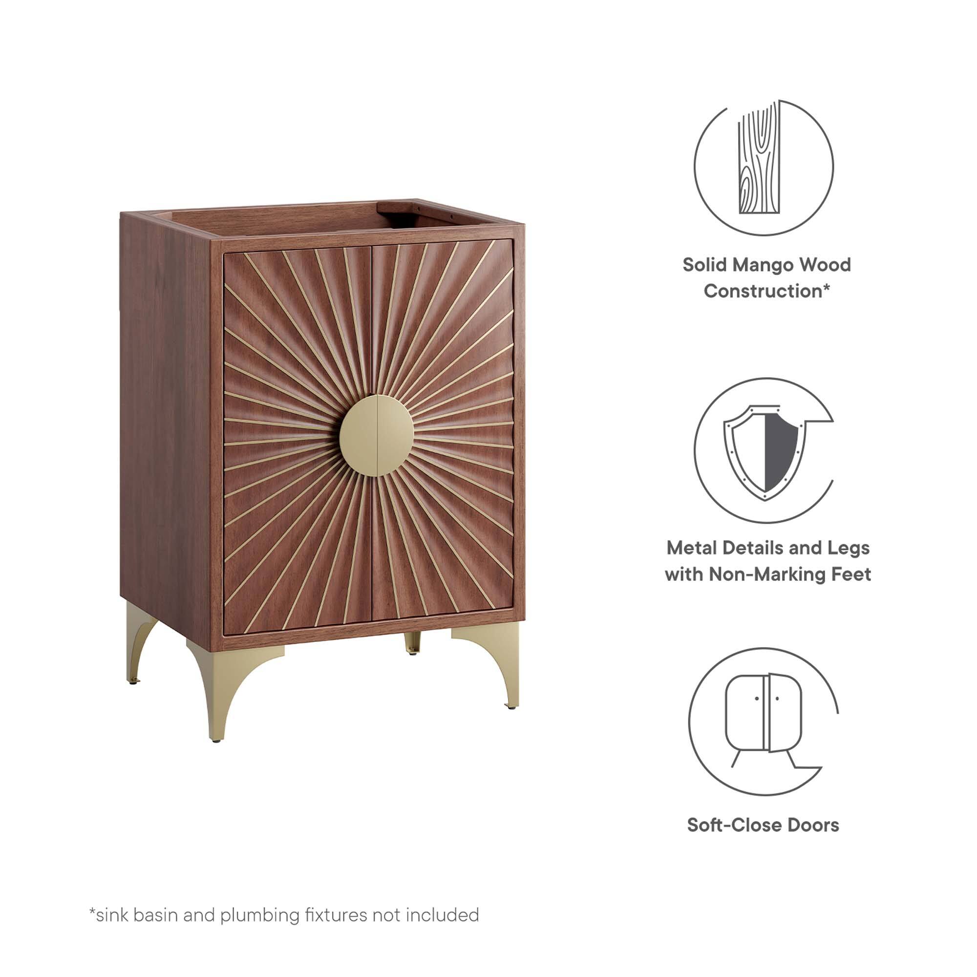 Solid Mango Wood Construction*  
Metal Details and Legs with Non-Marking Feet  
Soft-Close Doors  
*Sink basin and plumbing fixtures not included