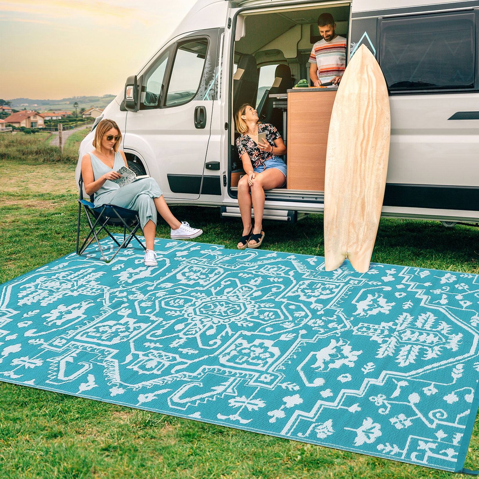 Alt View 4. Homhougo - Large 9'x12' Waterproof Outdoor Rug, Reversible Patio Carpet, UV-Resistant, Light Blue - Light blue/white.