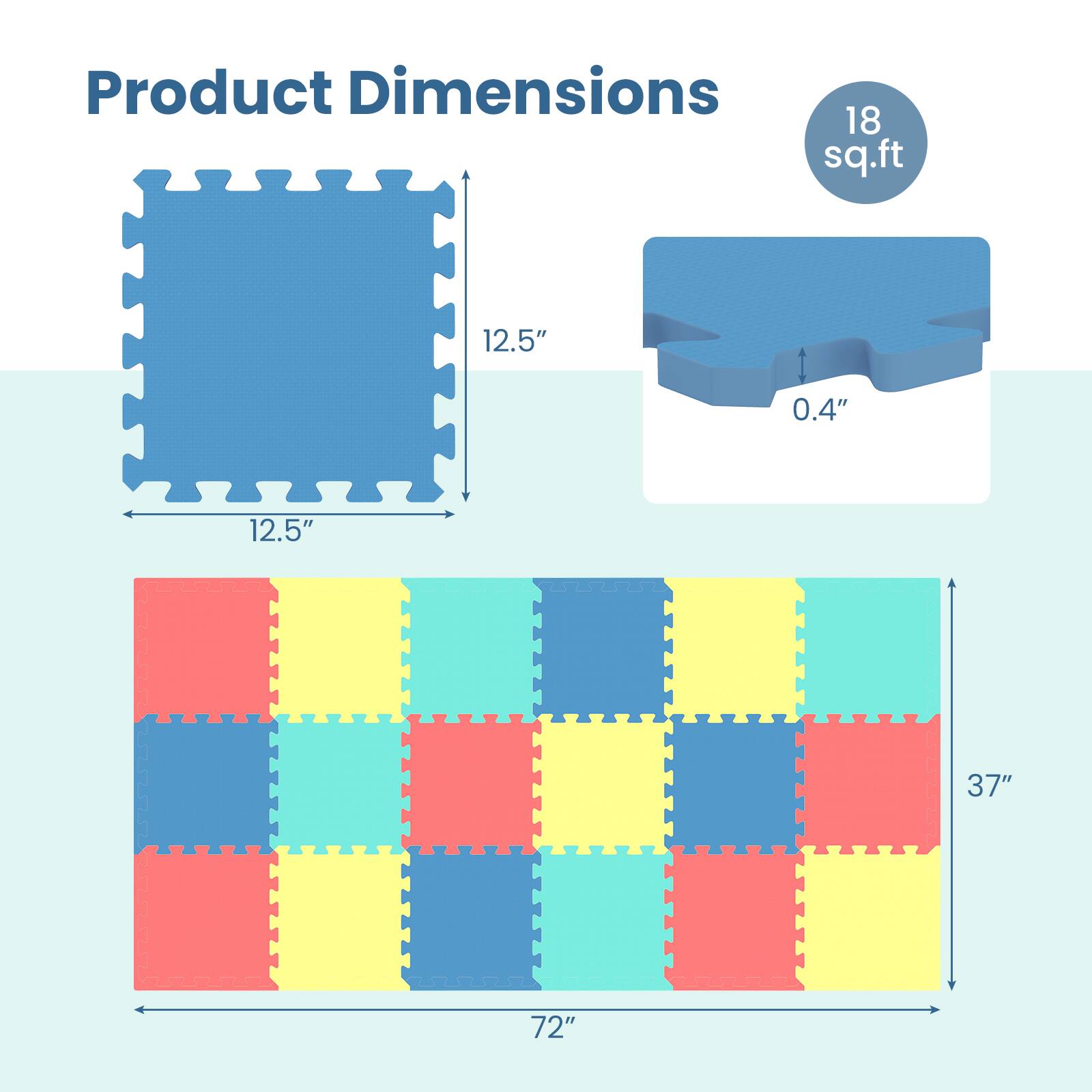 Product Dimensions: 18 sq.ft, 12.5" x 12.5", 0.4", 37" x 72"
