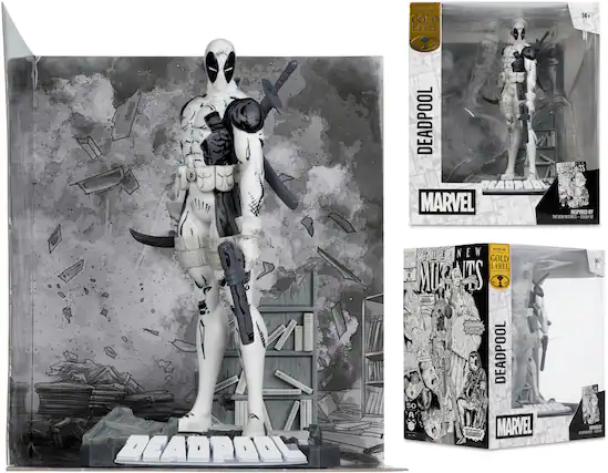 Sure, here is the corrected and grouped text from the image:
---
**GOLD LABEL**
**DEADPOOL**
**MARVEL**
**INSPIRED BY THE NEW MUTANTS - ISSUE #58**
**14+**
**DEADPOOL**
**MARVEL**
**GOLD LABEL**
**DEADPOOL**
**INSPIRED BY THE NEW MUTANTS - ISSUE #58**
**50 A**
**DEADPOOL**
---
This text is taken from the packaging and the figure itself.