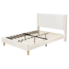 Hivvago - Full size Mid-Century Platform Bed Frame with Velvet Upholstered Headboard - Cream