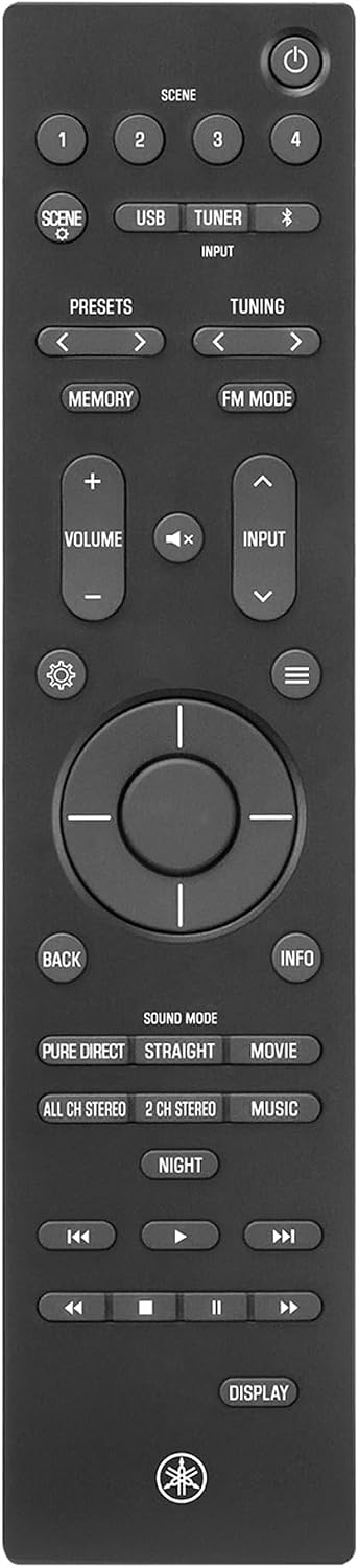 SCENE 1 2 3 4  
SCENE USB TUNER INPUT  
PRESETS TUNING  
MEMORY FM MODE  
VOLUME + -  
INPUT  
BACK INFO  
SOUND MODE  
PURE DIRECT STRAIGHT MOVIE  
ALL CH STEREO 2 CH STEREO MUSIC  
NIGHT  
DISPLAY