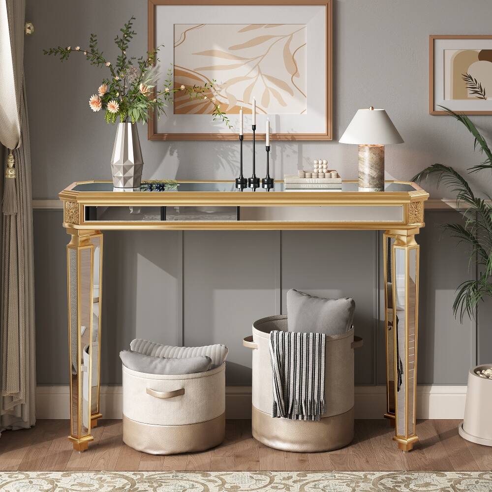 Angle. Loheer - Loheer Gold Mirrored Console Table, Vintage Wood Carved Entryway Table, 48 Inch Living Room Console - Gold.