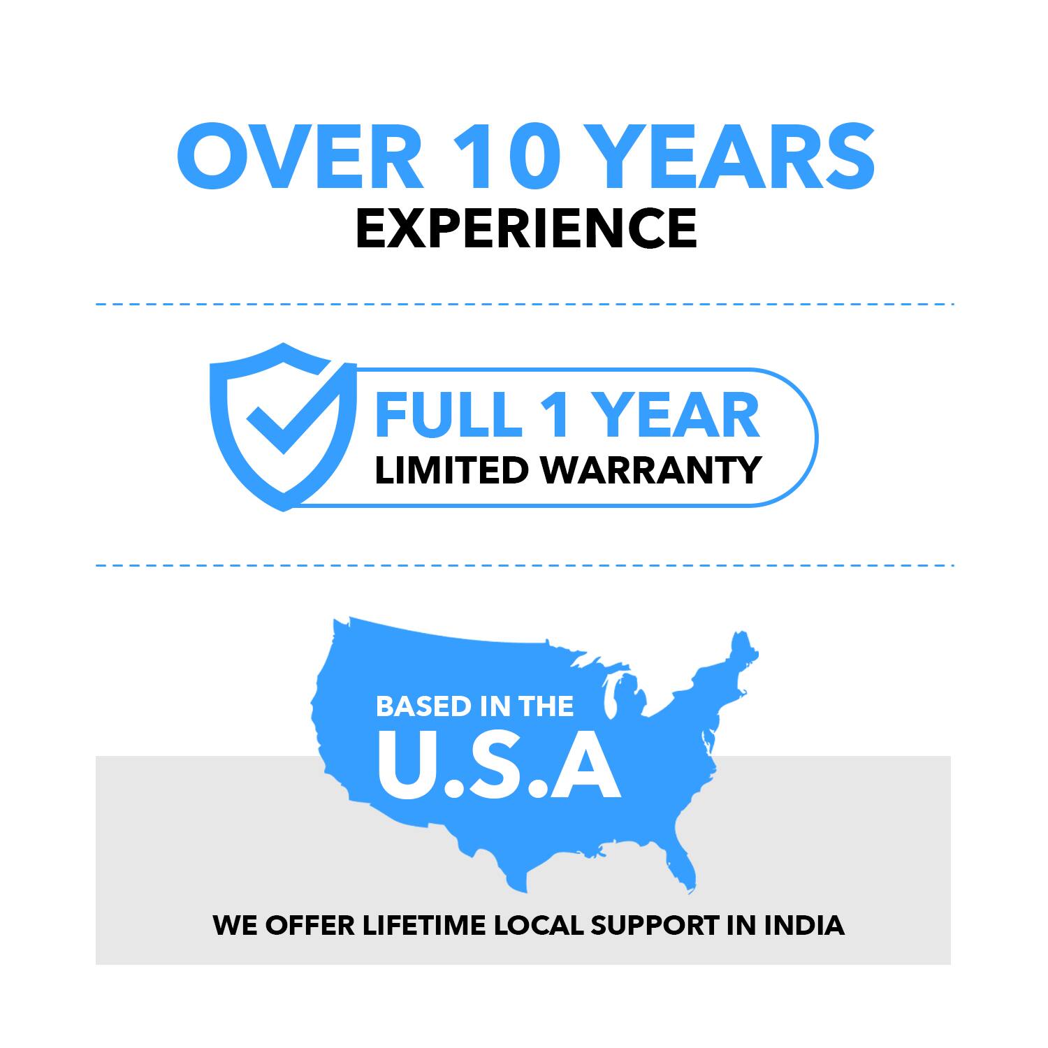 OVER 10 YEARS EXPERIENCE
FULL 1 YEAR LIMITED WARRANTY
BASED IN THE U.S.A
WE OFFER LIFETIME LOCAL SUPPORT IN INDIA