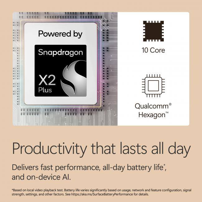 Powered by Snapdragon 10 Core X2 Plus Qualcomm Hexagon  
Productivity that lasts all day  
Delivers fast performance, all-day battery life*, and on-device AI.  
*Based on local video playback test. Battery life varies significantly based on usage, network and feature configuration, signal strength, settings, and other factors. See https://aka.ms/SurfaceBatteryPerformance for details.