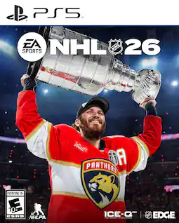 PS5 EA NHL 26 SPORTS. JaCriys a is A PANTHERS EVERYONE 10+ E 10+ + ESRB NHLPA 20 ICE-Q | .... .... M.dCiOEmd. NHL EDGE