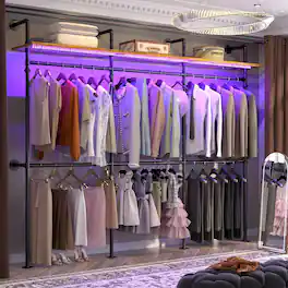Aheaplus - 118.3" Reversible Industrial Pipe Clothing Rack - Heavy Duty Garment Rack with LED Lights & Shelves for Walk-in Closet - Rustic Brown