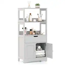 Gymax - Kitchen Pantry Cabinet w/ Open Shelves Drawer & Doors Floor Storage Cabinet for Bathroom - Gray