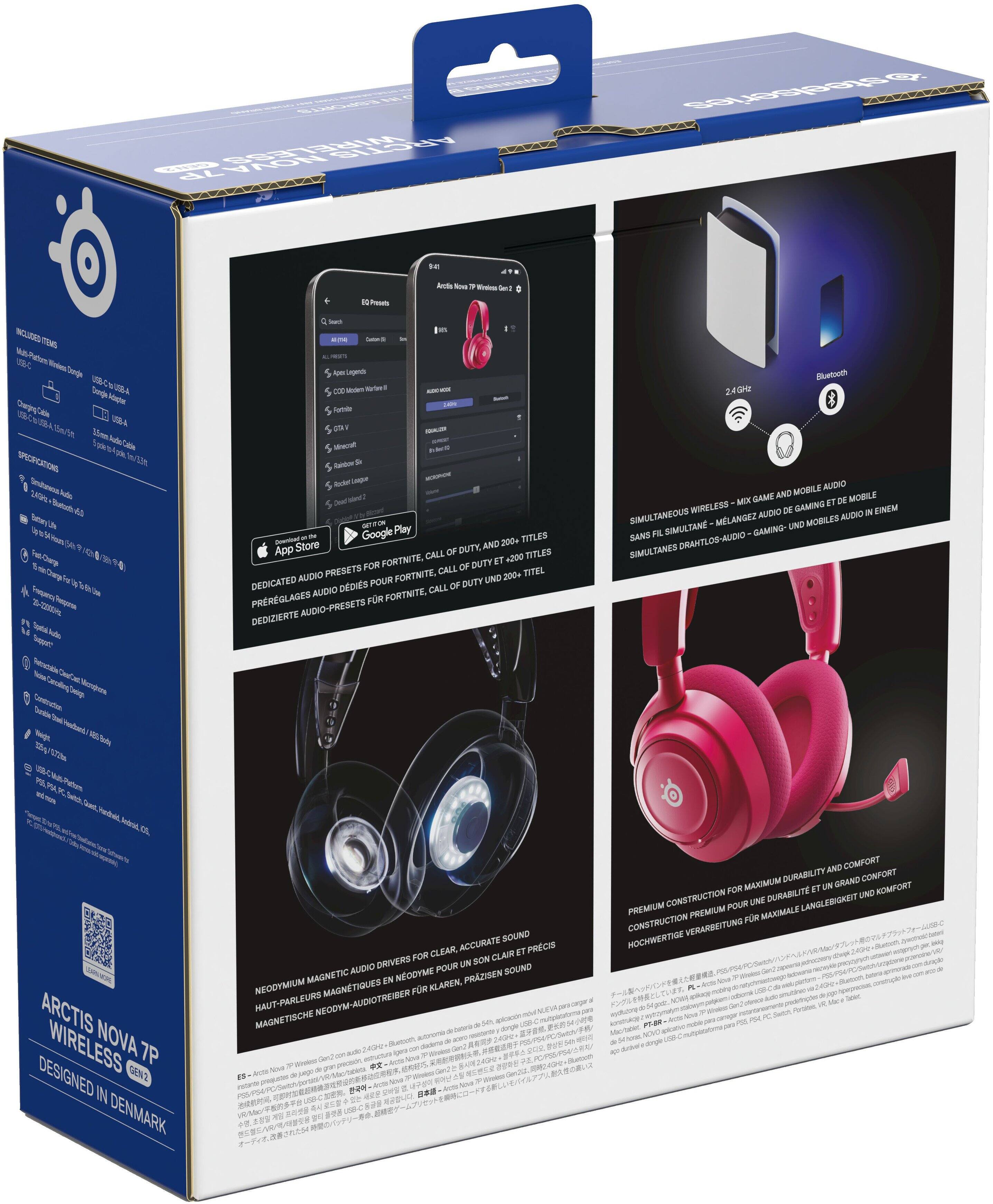 Sure, here is the corrected and grouped text from the image:

---

**ARCTIS NOVA 7P WIRELESS GEN 2**

**DESIGNED IN DENMARK**

**INCLUDED ITEMS**
- Arctis Nova Wireless Headset
- USB-C Cable
- 3.5mm Audio Cable
- Quick Start Guide

**SPECS**
- 2.4GHz Wireless
- Bluetooth 5.0
- 25mm Audio Drivers
- 200+ Titles for Fortnite, Call of Duty, and More
- 200+ Titles for Fortnite, Call of Duty, and More
- 200+ Titles for Fortnite, Call of Duty, and More
- 200+ Titles for Fortnite, Call of Duty, and More
- 200+ Titles for Fortnite, Call of Duty, and More
- 200+ Titles for Fortnite, Call of Duty, and More
- 200+ Titles for Fortnite, Call of Duty, and More
- 200+ Titles for Fortnite, Call of Duty, and More
- 200+ Titles for Fortnite, Call of Duty, and More
- 200+