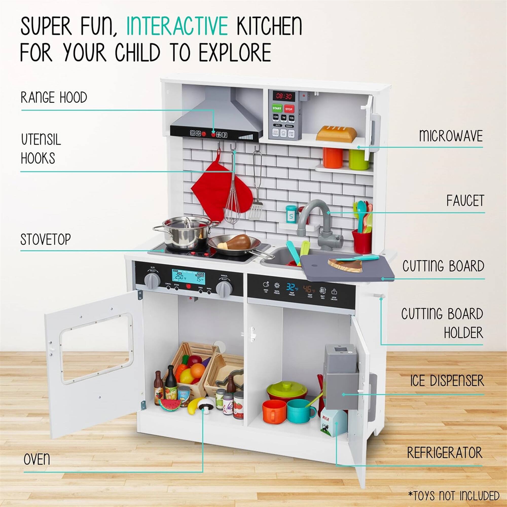 SUPER FUN, INTERACTIVE KITCHEN FOR YOUR CHILD TO EXPLORE RANGE HOOD UTENSIL HOOKS MICROWAVE FAUCET STOVETOP CUTTING BOARD CUTTING BOARD HOLDER ICE DISPENSER OVEN REFRIGERATOR *TOYS NOT INCLUDED