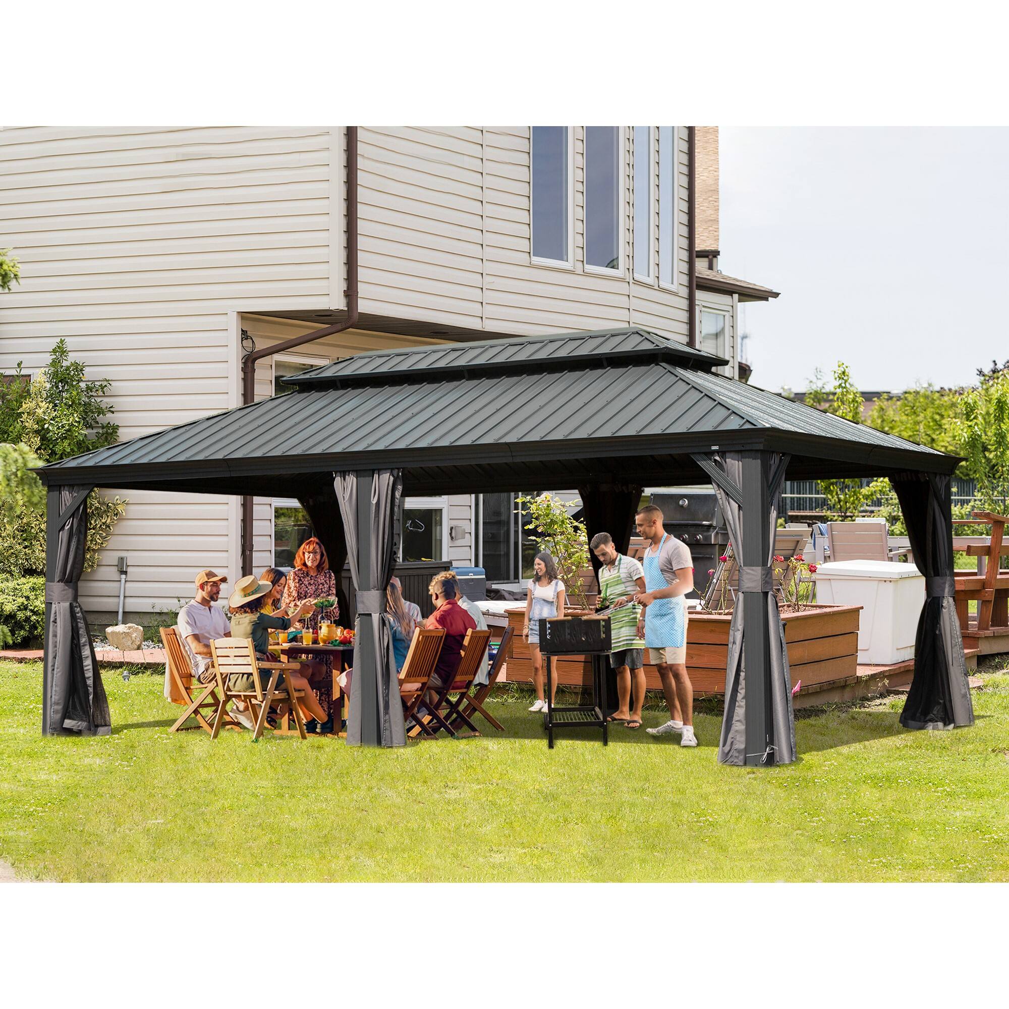 Angle. Mondawe - 14' X 20' Metal Gazebo with Double Roof and Curtains - Grey.