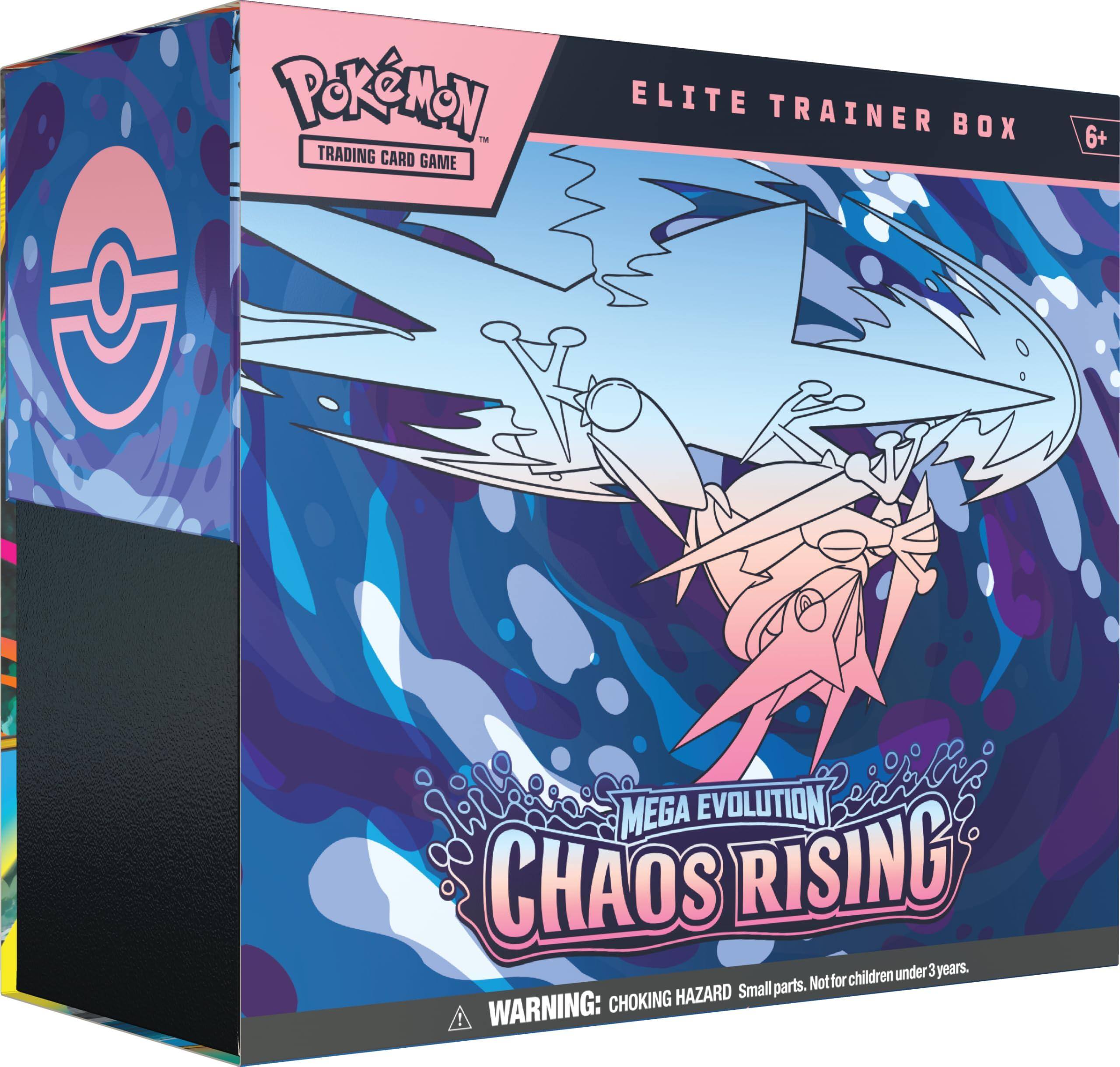 Pokémon Trading Card Game Elite Trainer Box 6+ Mega Evolution Chaos Rising. Children under 3 years. Small parts. Not for choking hazard warning.