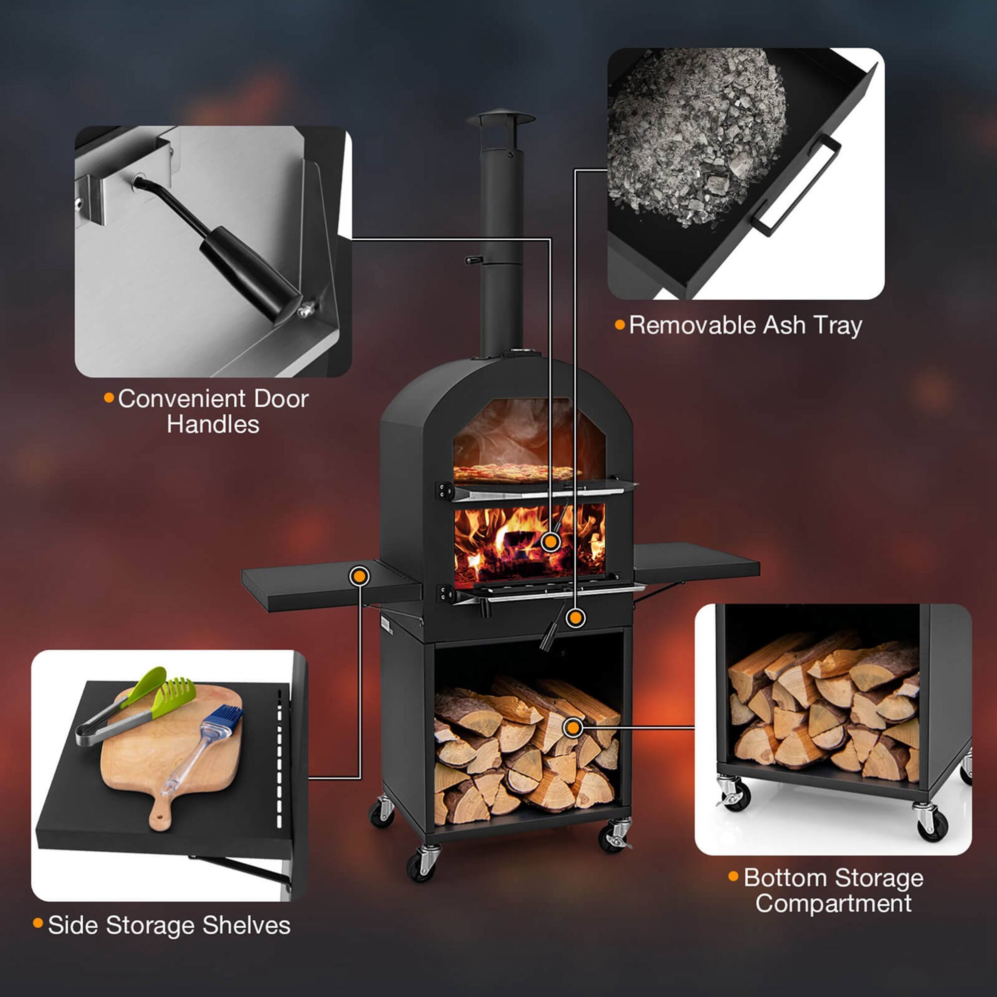 The image features a portable pizza oven with a removable ash tray, convenient door handles, and side storage shelves. Additionally, it has a bottom storage compartment, making it a versatile and functional outdoor cooking appliance.