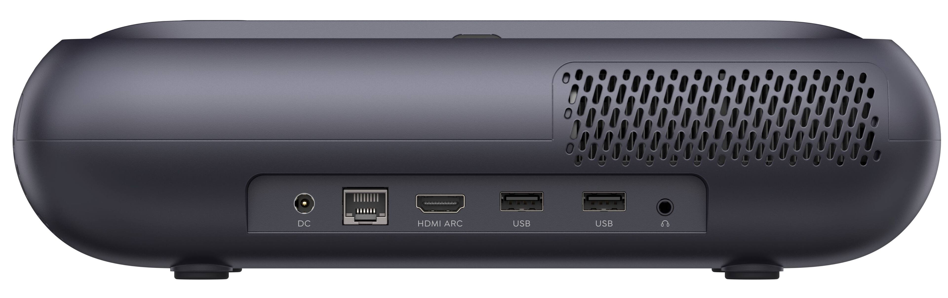 The text on the image reads "DC HDMI ARC USB USB A." This text suggests that the device has multiple ports, including a DC port, HDMI ARC port, USB port, and another USB port. The presence of these ports indicates that the device is likely a multimedia hub or a gaming console, providing connectivity options for various devices and accessories.