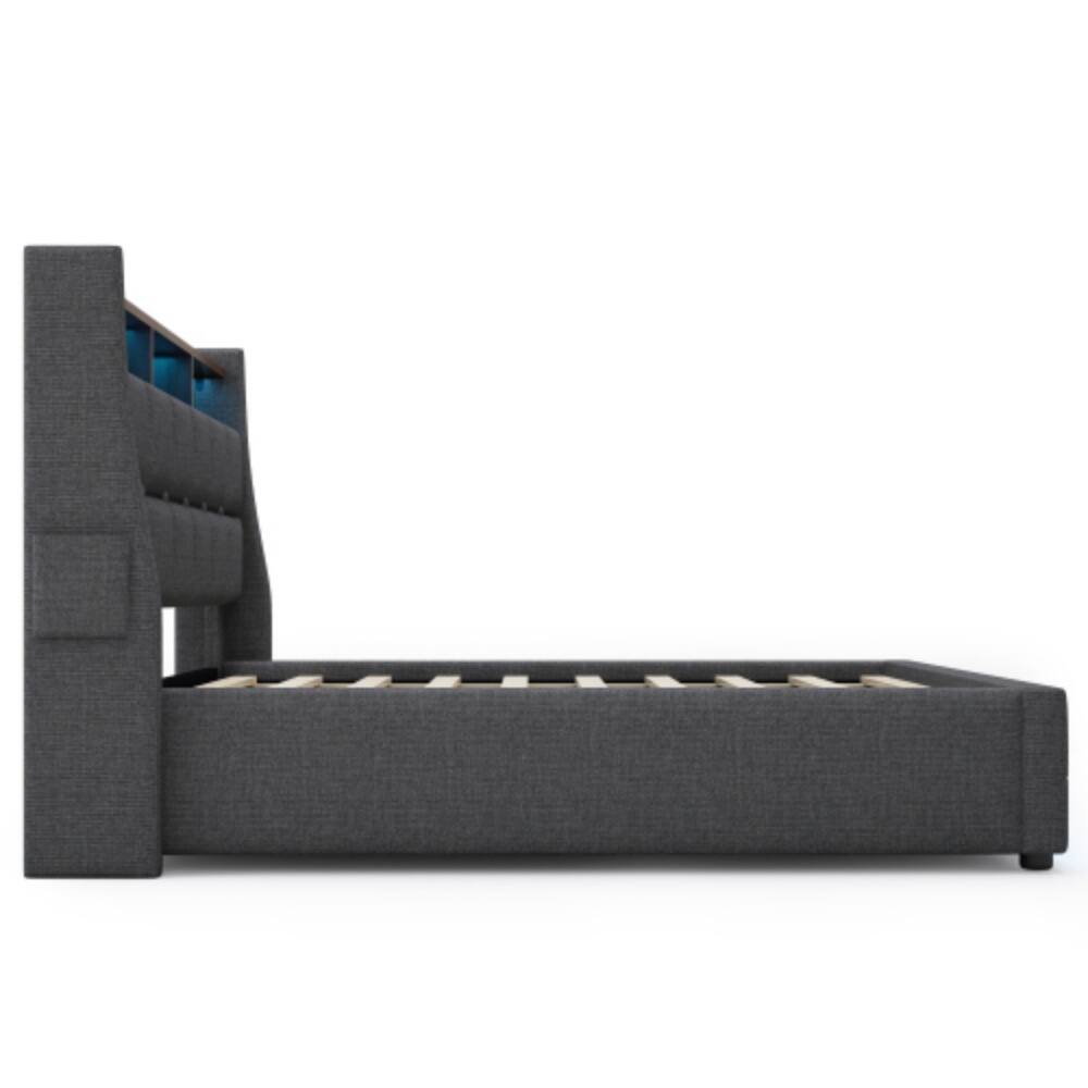 Alt View 1. LUCKY ONE - Queen Size Upholstered Platform Bed with Hydraulic Storage, LED Lights, USB Charging Station, No Box Spring Needed - Grey.