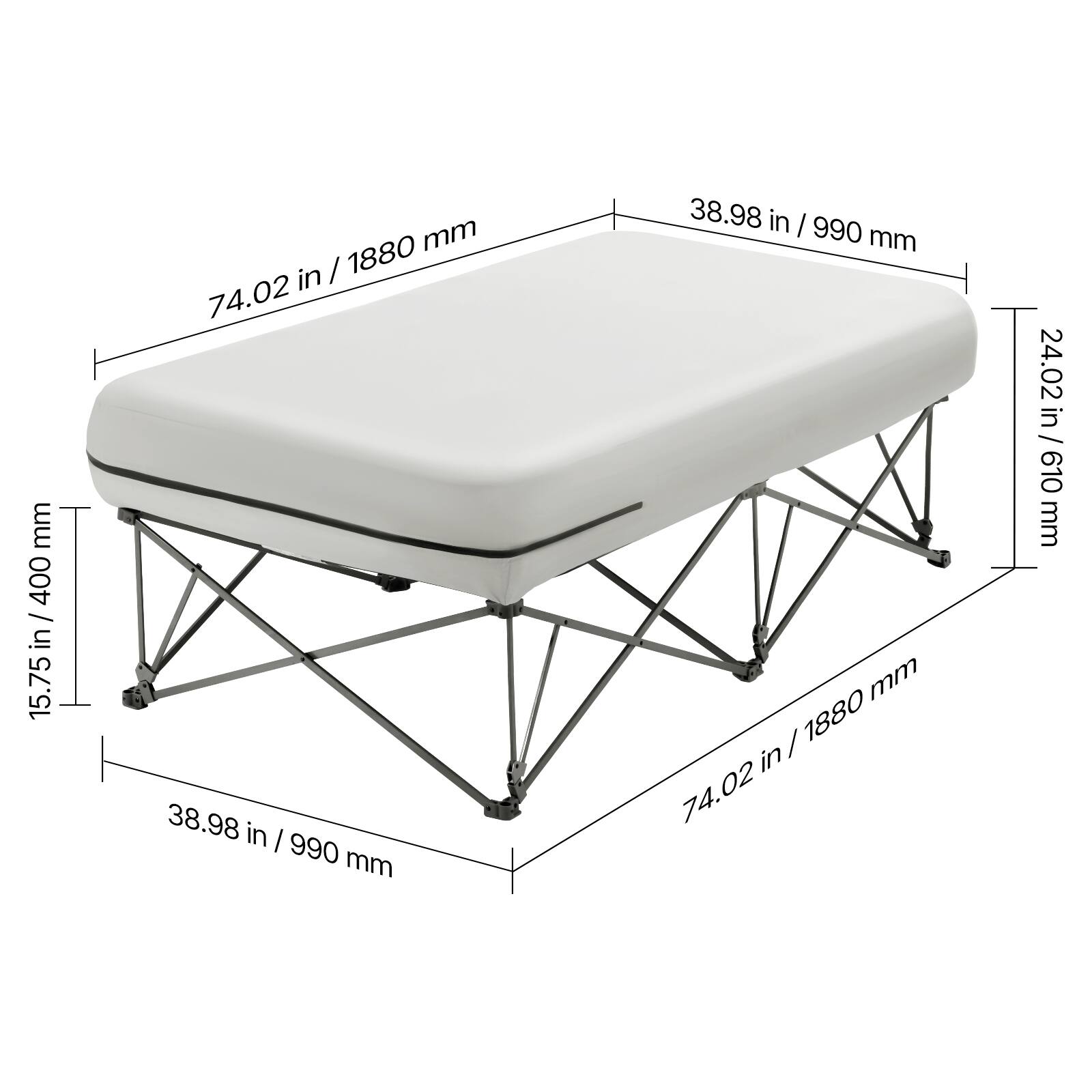 - Length: 74.02 in / 1880 mm
- Width: 38.98 in / 990 mm
- Height: 15.75 in / 400 mm
- Depth: 24.02 in / 610 mm