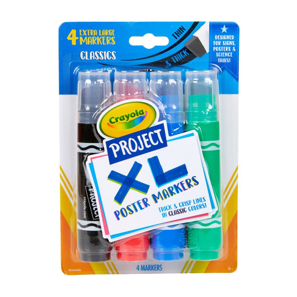 EXTRA LARGE 4 MARKERS CLASSICS  
MION THIN & THICK  
DESIGNED FOR SIGNS, POSTERS & SCIENCE FAIRS!  
CRAYOLA PROJECT XL MARKERS  
POSTER THICK IN CLASSIC  
NONTOXIC  
4 MARKERS  
crayola.com
