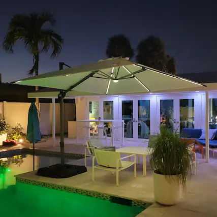 Front. PURPLE LEAF - 10 ft. Square Aluminum Cantilever Solar Powered LED Offset 360° Rotation Umbrella with Base for Garden Deck Pool - Beige.