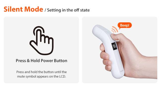 Silent Mode / Setting in the off state

Press & Hold Power Button

Press and hold the button until the mute symbol appears on the LCD.

Beep!